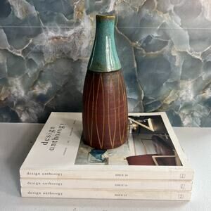 Studio Art Vase Pottery Stoneware Blue Brown Geometric Carved Sullivan Vermont